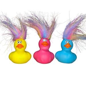 NEW Set of 3 Crazy Wild Rainbow Hair Troll Doll 2" Rubber Ducks Duckies Jeep